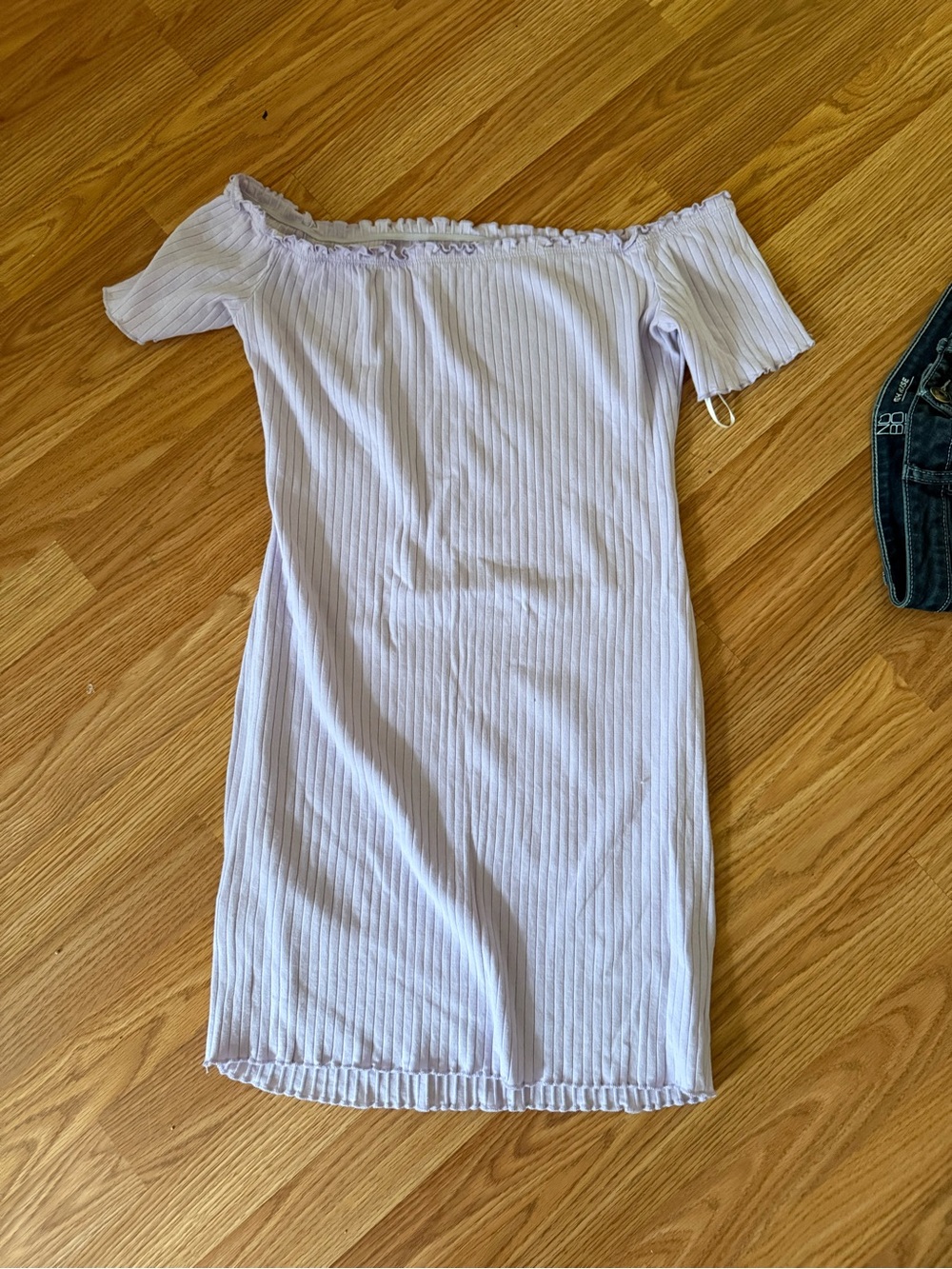 Off-Shoulder Ribbed Lavender Bodycon Dress (close up for color reference)